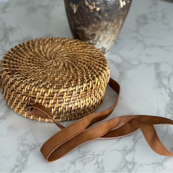 Round Rattan Crossbody with Faux Leather Strap - Picture 2 of 5